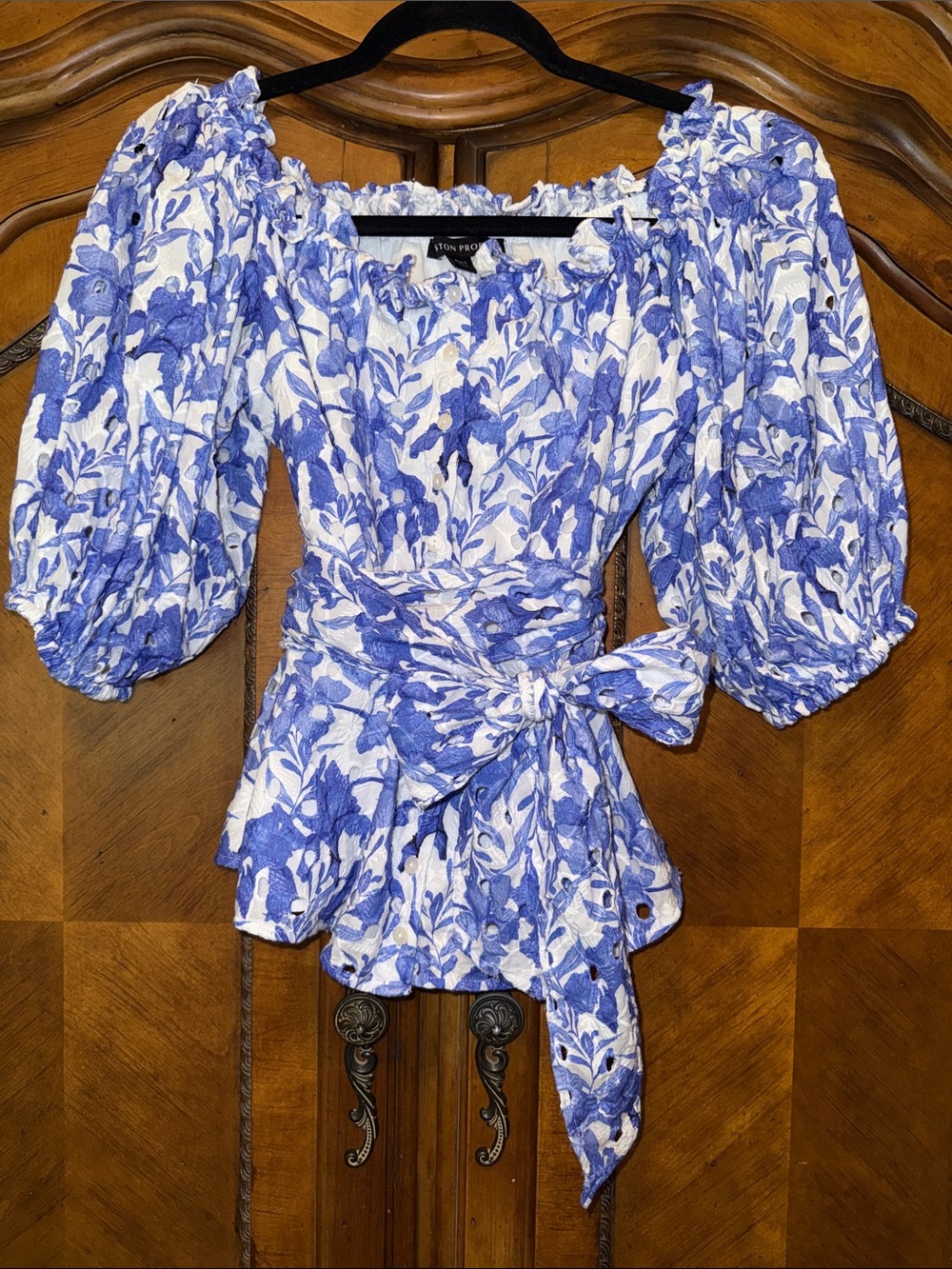 Boston Proper Blue and White Floral Puff-Sleeve Wrap Top
